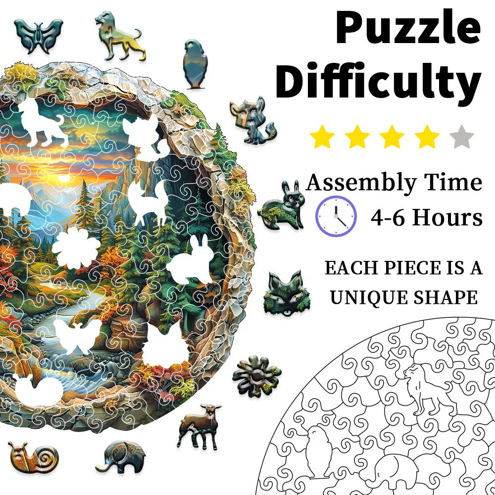 لغز دائري خشبي ثلاثي الأبعاد - مشهد غروب الشمس في الغابة الخضراء، أنشطة الألعاب العائلية، هدايا تزيين المنزل الخشبي