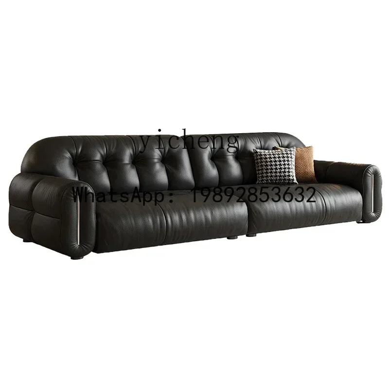 FF black leather sofa French retro medium and ancient style straight row first layer cowhide sofa