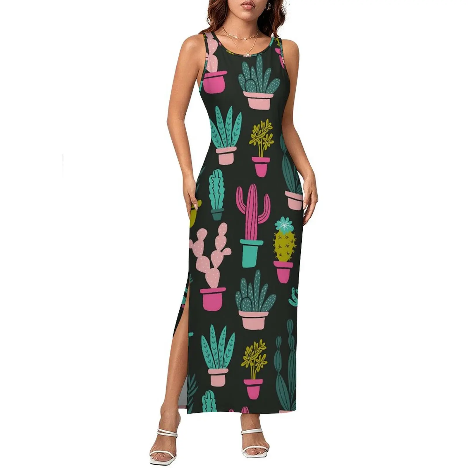 Abito aderente da donna Abiti maxi cactus divertenti casual Piante cactus primaverili Stampa senza maniche Abbigliamento da strada Abito personalizzato di grandi dimensioni