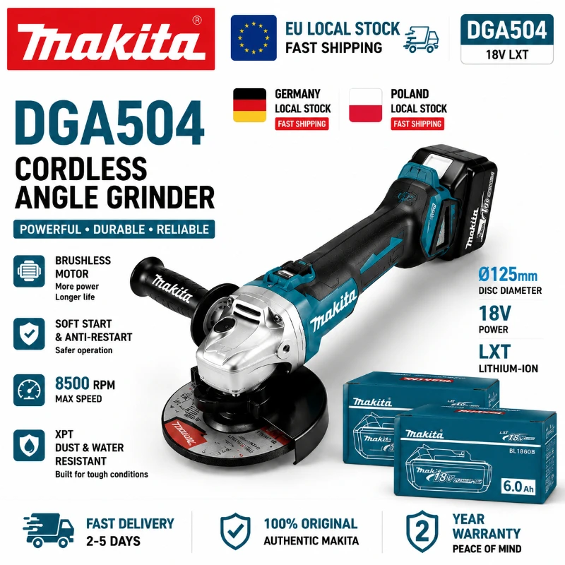 Original Makita DGA504 18V 125mm Bürstenloser Akku-Winkelschleifer (ohne Akku) LXT Elektrowerkzeug EU Lagerbestand Schneller Versand Kompatibel mit 6.0Ah BL1830 BL1840 BL1850 BL1860B 18V