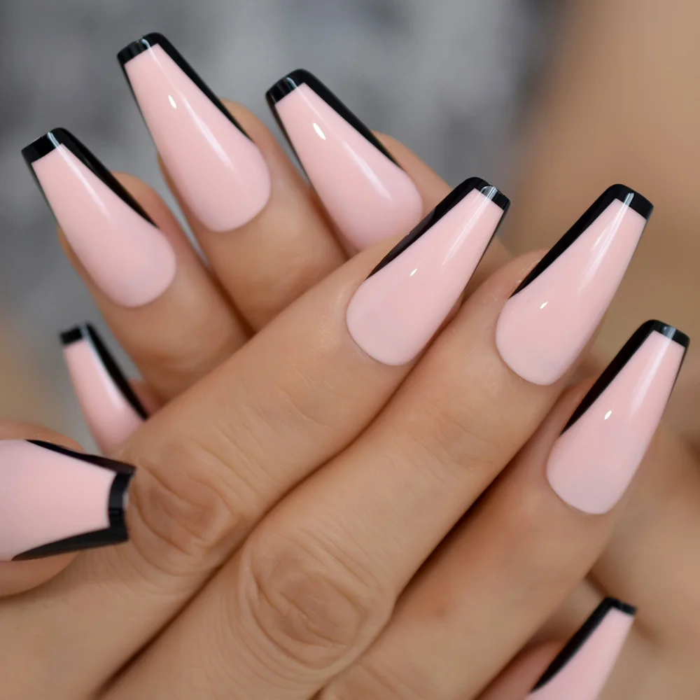 Trapezoid French Nail Nude Pink Color False Nails Black Top Long Tapered Coffin Nail Art Tips Thick Reusable with Adhesive Tabs