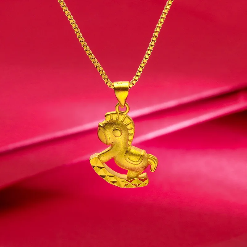 Blessing Gift Pony Pendant With Necklace For Women 24K Gold AU999, Success Wishes Commemorative Women Present