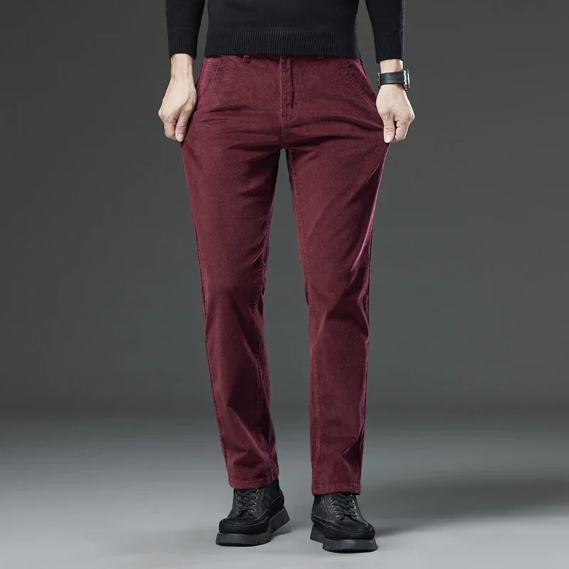 

Men's Corduroy Elasticity Casual Pants Autumn Winter New Fashion Regular Business Straight Trousers Brand Wine Red Khaki