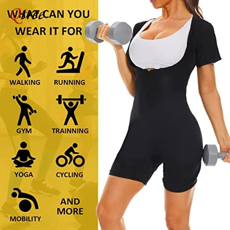 Qtree 3 w 1 Full Body Shaper Sauna Suit Sweat Vest Women Waist Trainer Zipper Slimming Body Shaper Workout with Sleeve Shorts