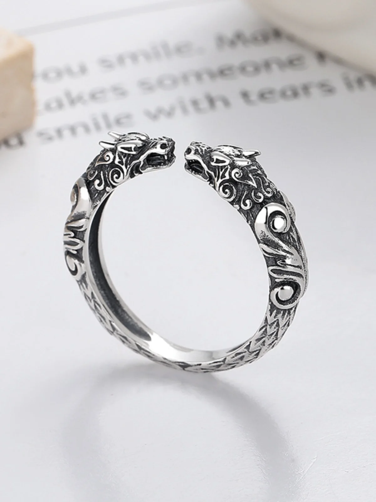 HX New Retro Double Dragon Head Ring Men's and Women's Mighty Dragon Ethnic Style Fashion Accessories Jewelry