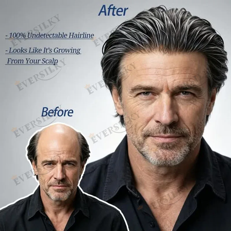 Undetectable 1B30 Grey Baldness Old Man Human Hair Toupee European Brown 30mm Wavy Natural Hairline Thinnest Skin Base Man's Wig
