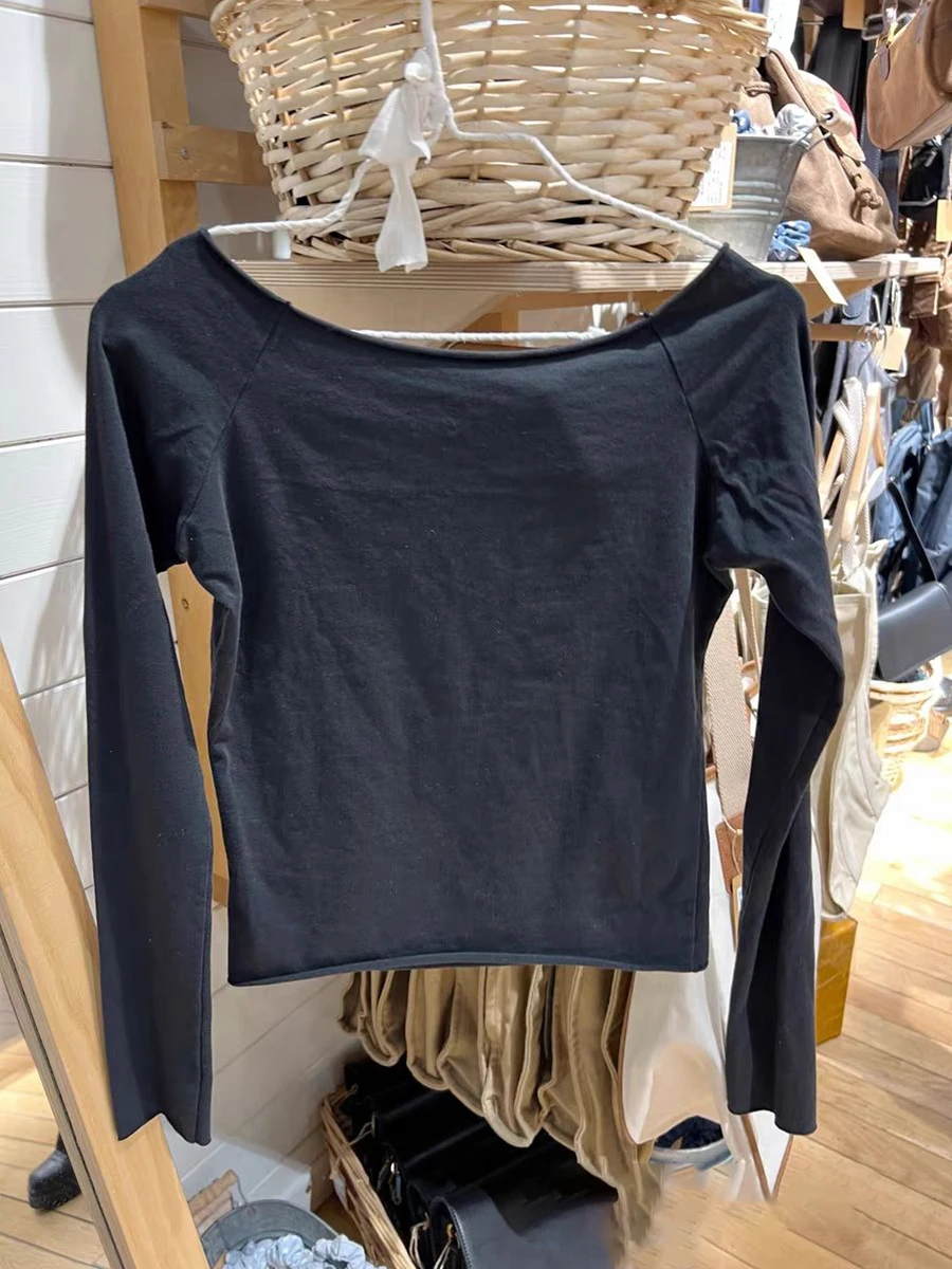 Letter Print Vintage Slim Long Sleeve T-Shirts Women Sexy Slash Neck Roll Hem Cotton Cropped Tees Casual Streetwear Crop Top Y2k