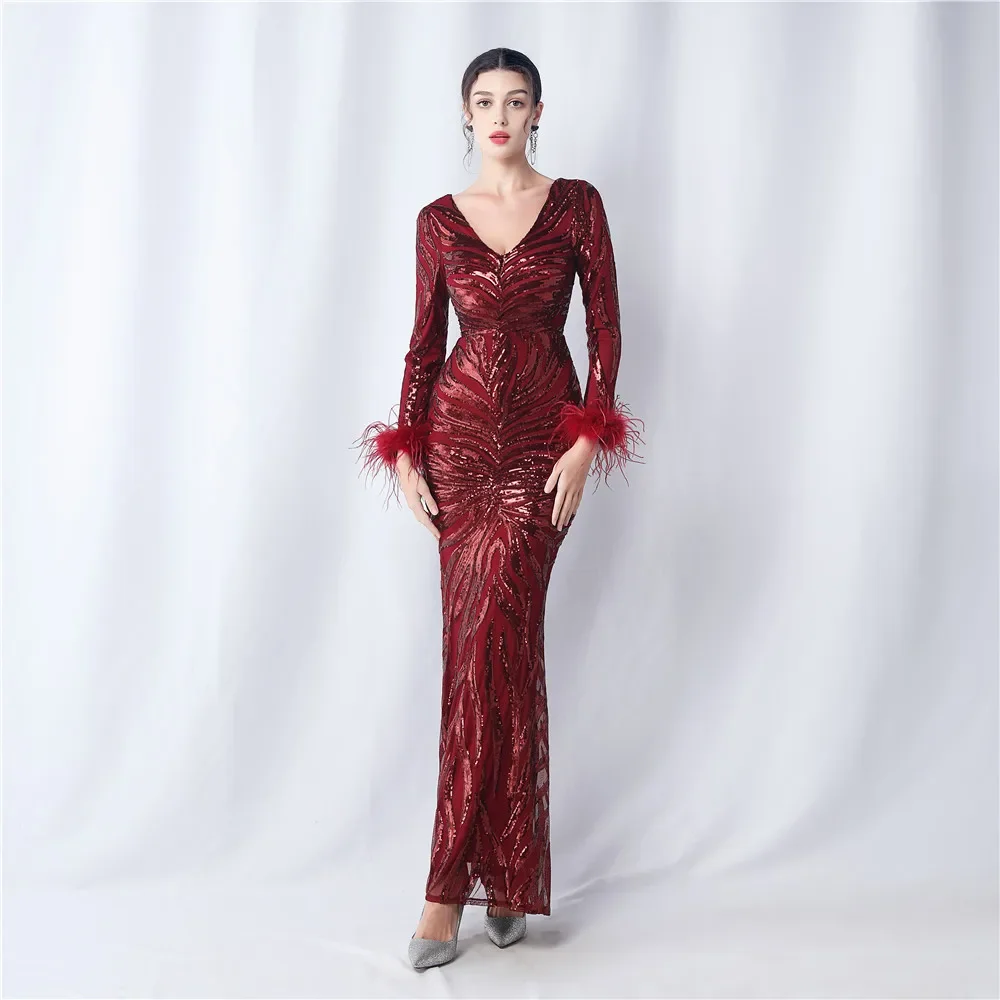 

Sladuo Evening Fashion Dress For Women Winter Elegant Sexy V Neck Long Sleeve Maxi Dress Celebrity Night Club Party Sequin Dress