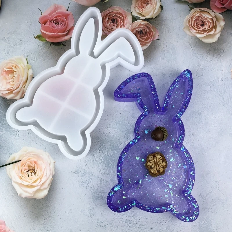 DIY Cute Rabbit Shaped Tray Dish Silicone Mold Desktop Decoration Ornament Jewelry Trinkets Storage Plate Resin Casting Mould