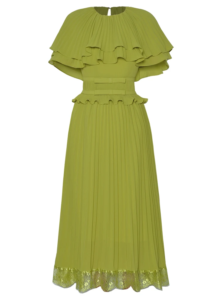 2025 verão moda crewneck manto em camadas babados plissado renda costura estilo princesa vestidos longos femininos