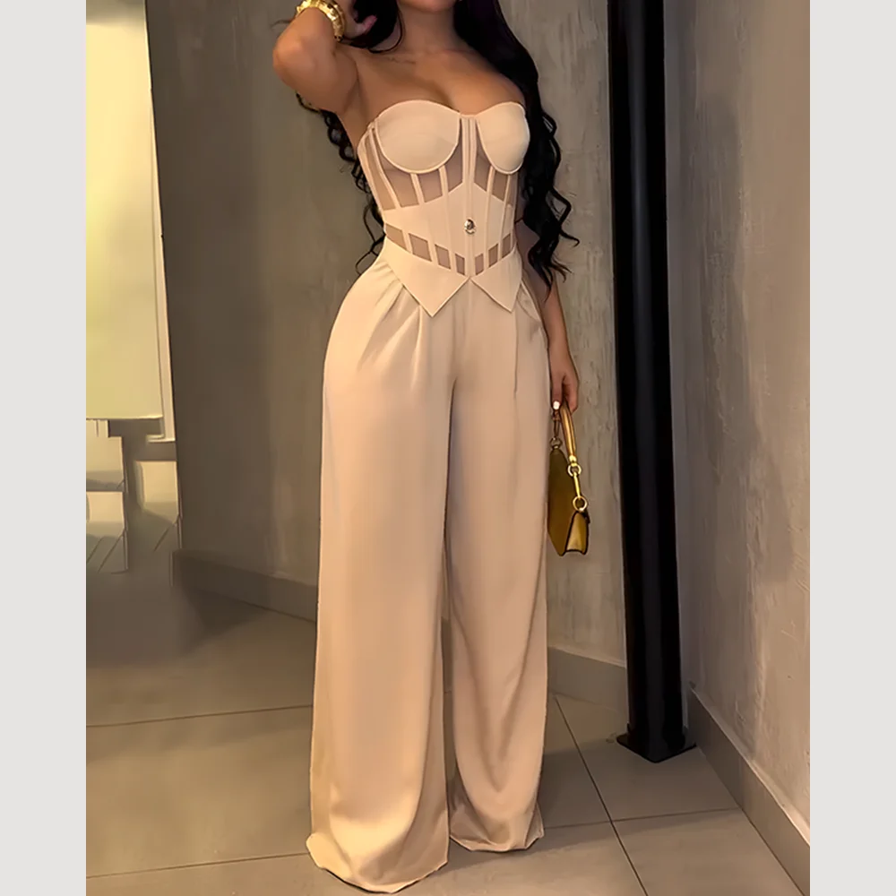 Women's Strapless Corset Jumpsuit Bodysuit with Sheer Mesh Panel High-Waisted Wide-Leg Pants Elegant Formal Evening Party Romper