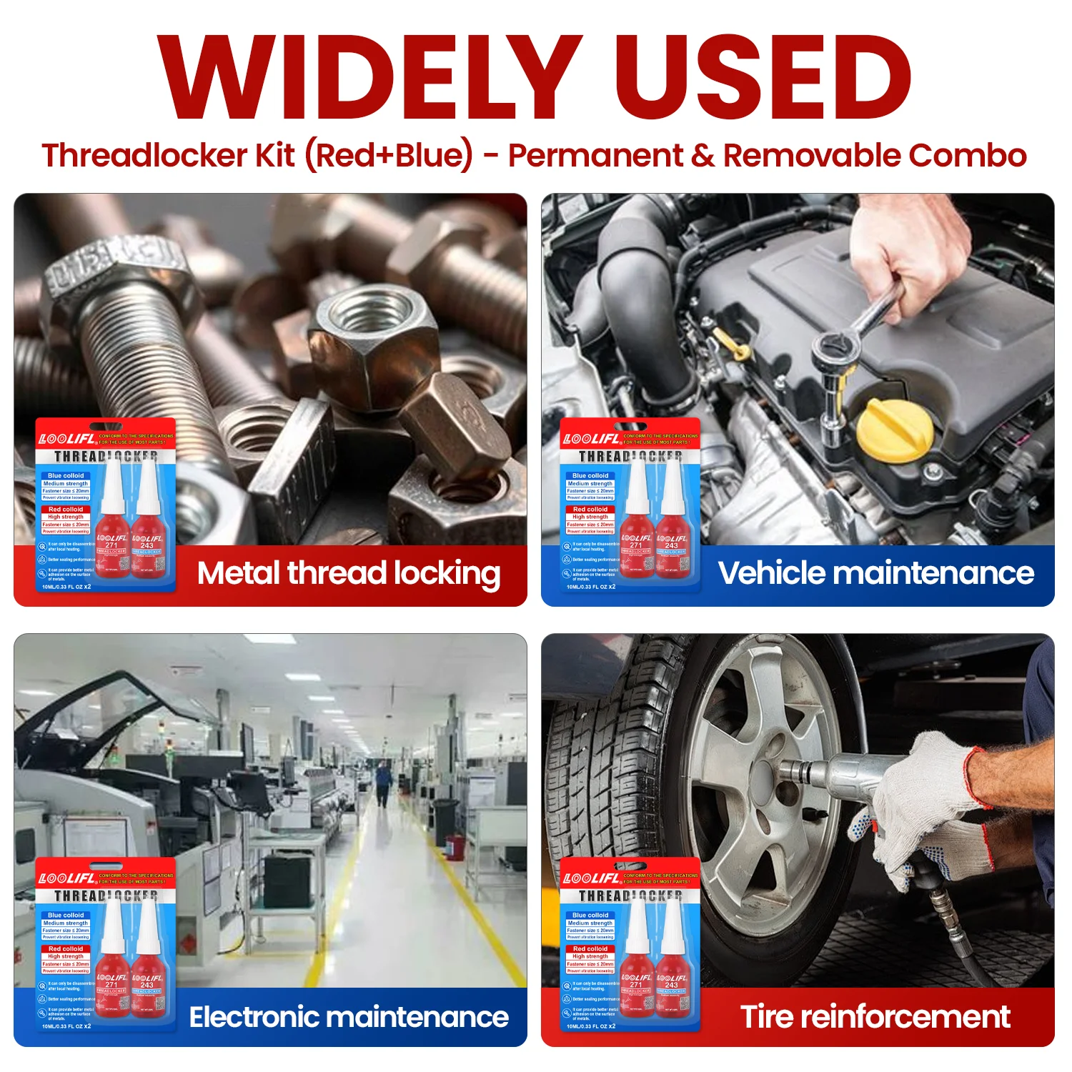 LOOLIFL 243, 271 adesivo per filettature, a media/alta resistenza,bloccante per filettature, adesivo anaerobico, per bulloni di riparazioni automobilistiche/macchine edili/macchine agricole per prevenire l'allentamento