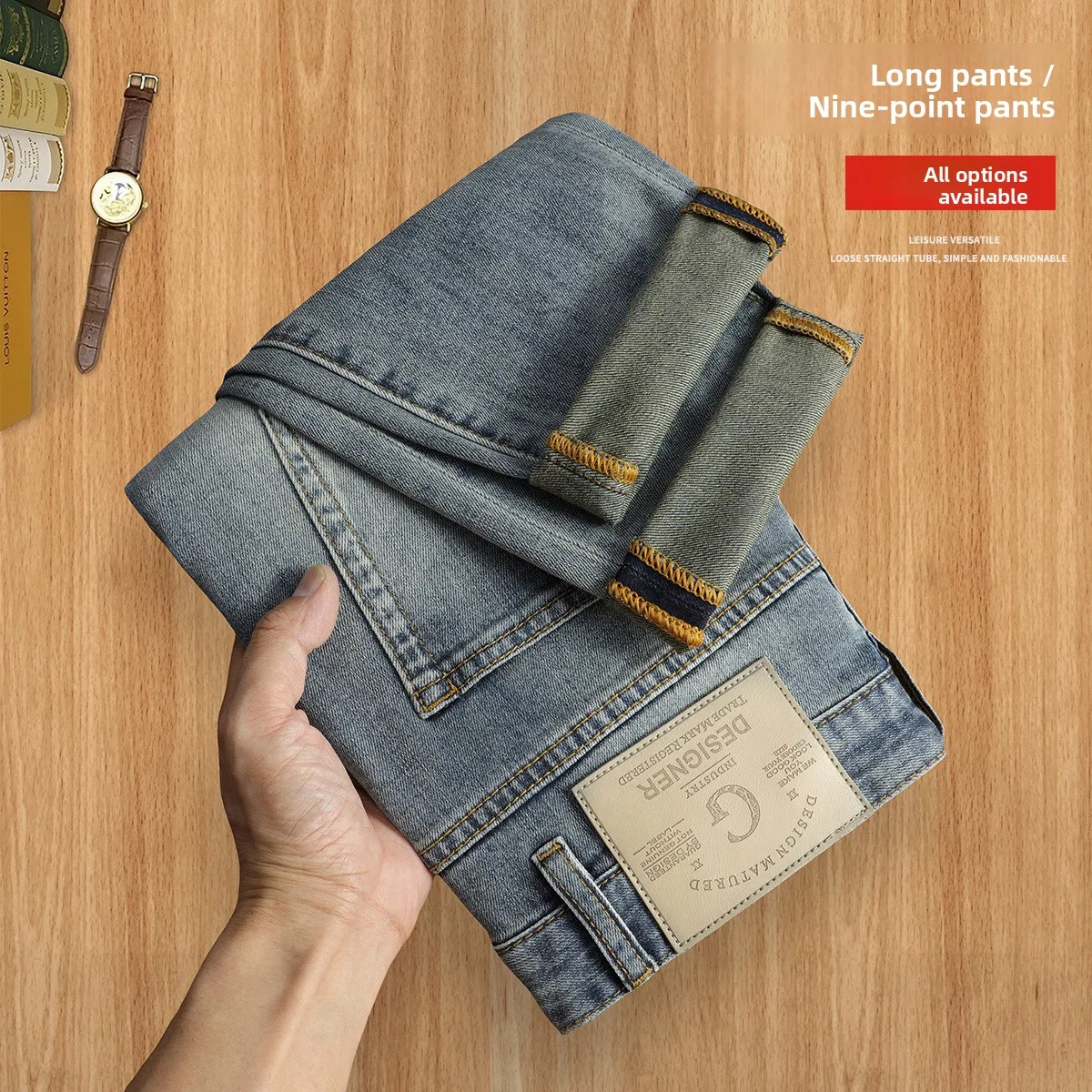

Spring 2025 Men's Slim Fit Blue Jeans Casual Versatile High Waist Long Thin Leg Zipper Closure Regular Thin Youthful Sle