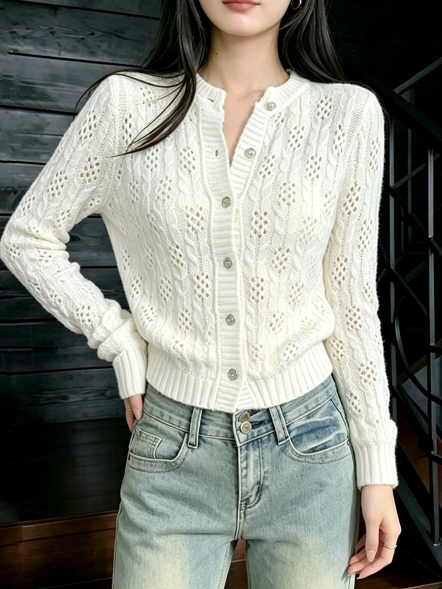 White Hollow out Knitted Sweater Women's Fashion Single Button Cardigan Top Design Sense Spring Autumn New Style Korean Strai...