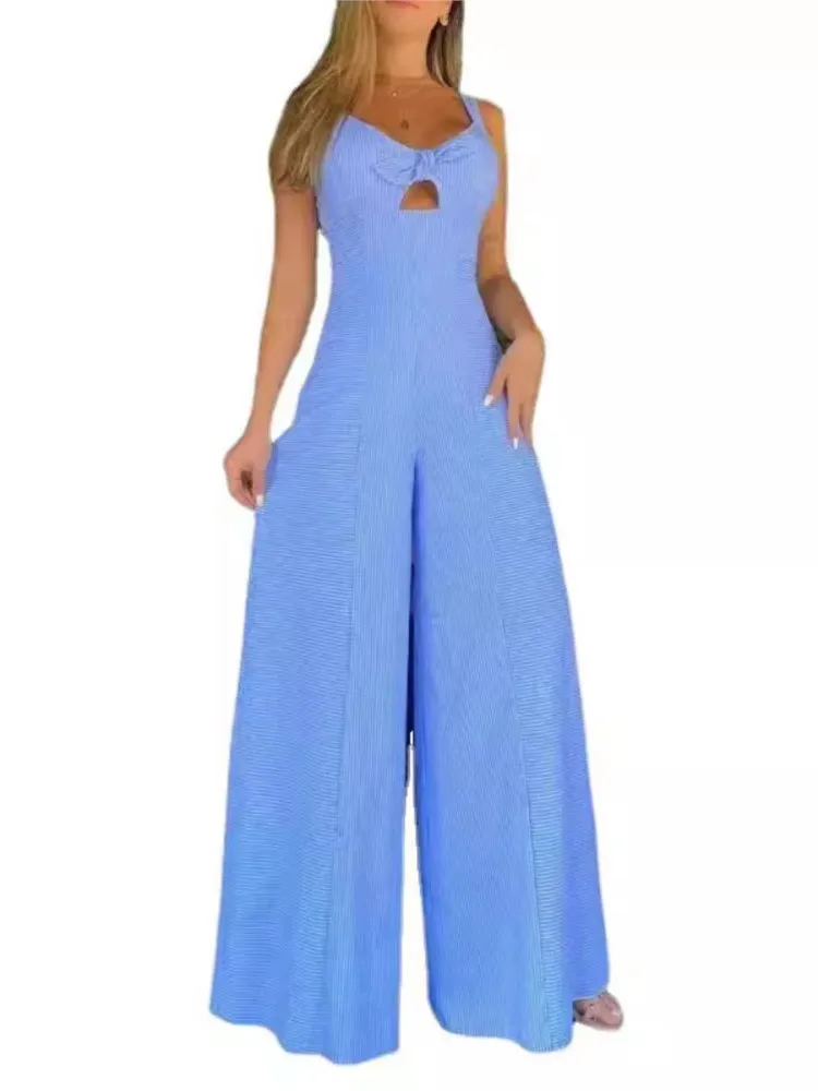 Striped Printed Jumpsuit Woman Fashion Sling Hollowing Out High Waist Wide-leg Jumpsuits Autumn Lady One-piece Pants Streetwear
