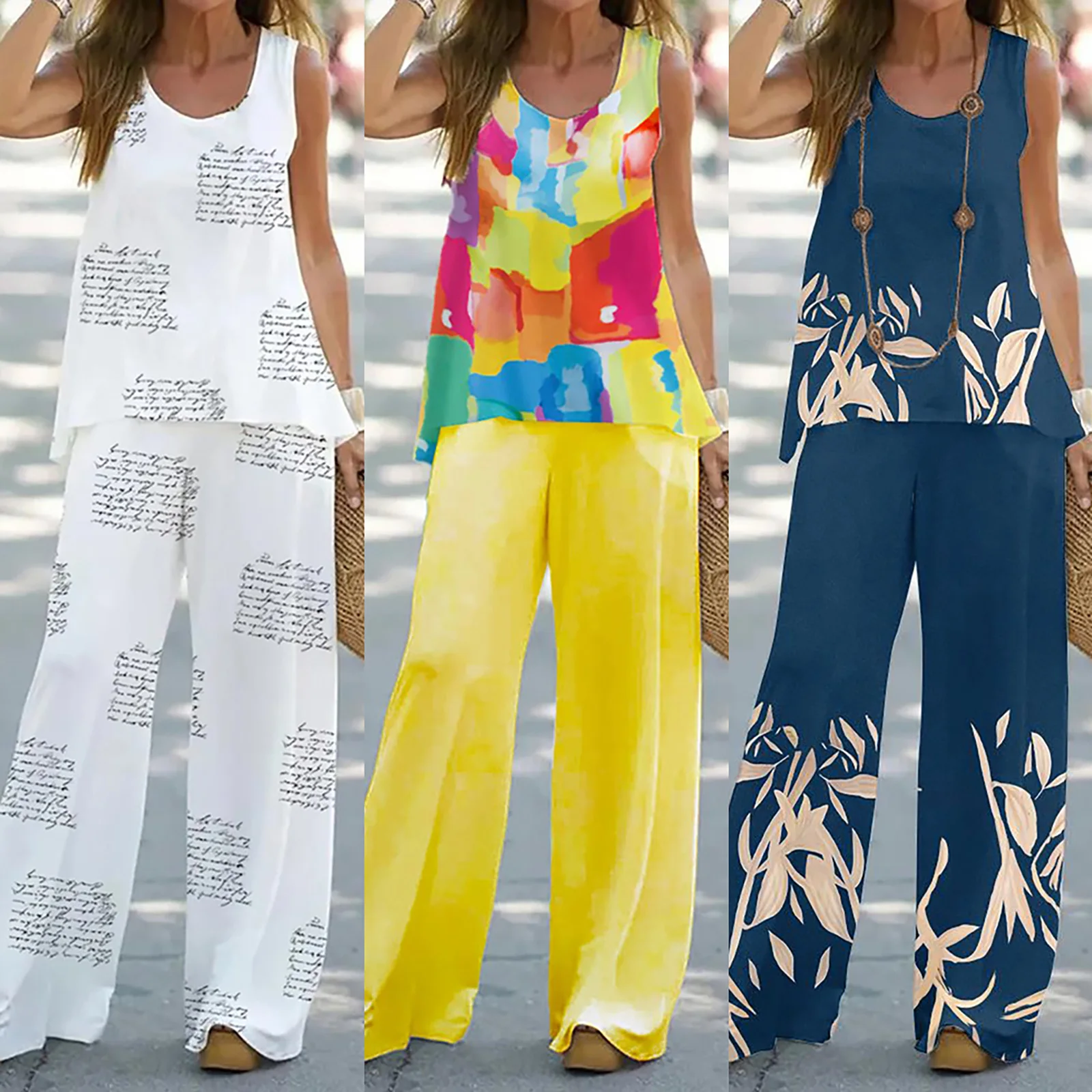 Tank And Pant Sets Casual Sleeveless Women 2024 Summer Boho O-Neck Top 2 Piece Sets Women Outfit Elegant Vintage Pants Suit