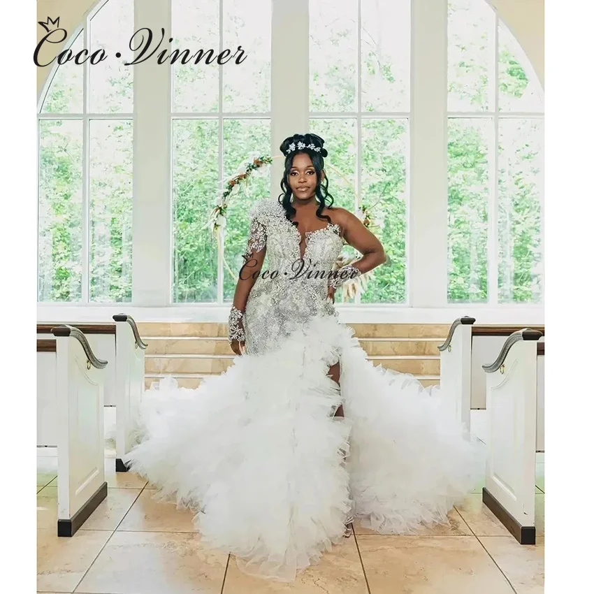 

Customized Slit Tulle Ruffle Train Mermaid Wedding Dress Africa Style 2026 New Fulle Sleeves Embroidery Wedding Dresses W1507