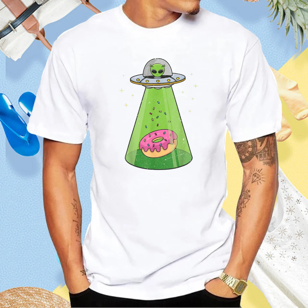 Funny Alien UFO Abduction Donuts Graphic Printed Classics T-Shirt Cotton Short Sleeve Casual Fashion Loose Man Women Tshirt