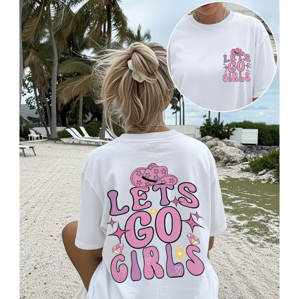 Lets Go Girls Graphic T Shirt Pink Cowboy Hat Aesthetic Tops Women Men Trendy Back Print Casual Loose Short Sleeve Summer Tee