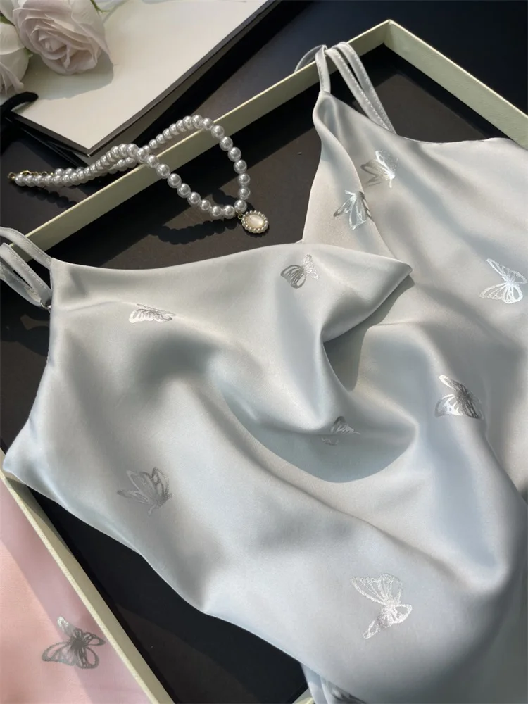 DAIMELU Ice Snow Silk Pajamas Women's Summer sleepwear girl nightdress Light Blue sexy Hot Silver nightgown female Neck Pajamas