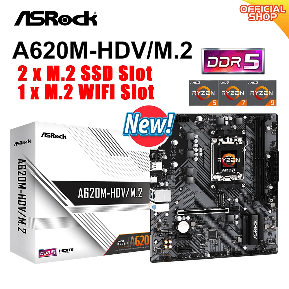 ASROCK A620M-HDV/M.2 новая материнская плата Micro-ATX A620 DDR5 5600 + MHz (OC) PCIe 4,0x16 2M.2 placa mae AM5 поддержка AMD Ryzen 5 7600