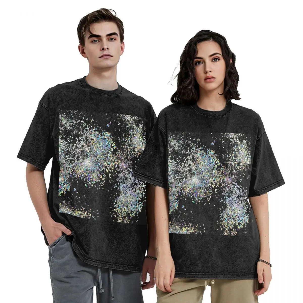 Black And Multicolor Sequins Faux Hip Hop Short Sleeve T-Shirts Washed Tops Tees Streetwear T Shirt Oversized for Men Women
