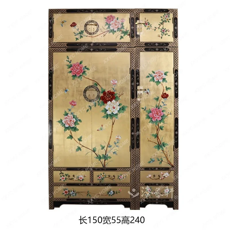Classical traditional gold foil hand-painted bedroom wardrobe ming style decorative cabinet furniture solid wood