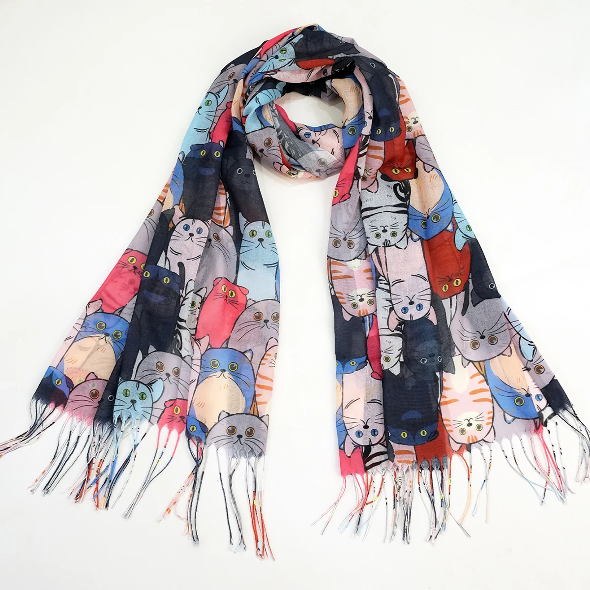 A cartoon animal digital print thin sun protection long tassel decorative scarf shawl