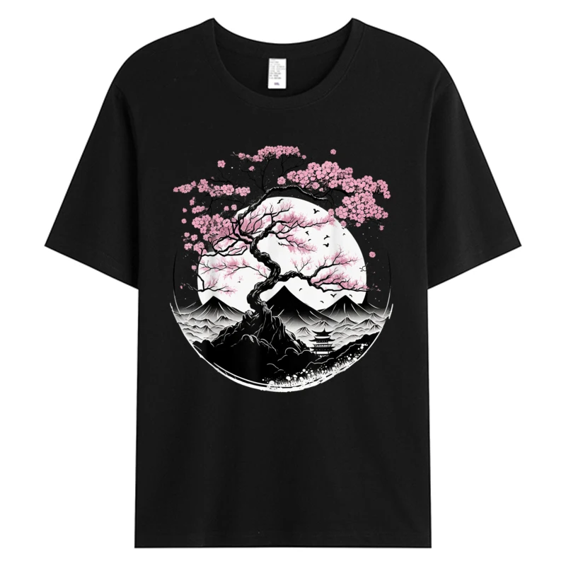 

Japanese Sakura Garden Geisha Mount Fuji Cherry Blossom Men's Cotton Fabric Casual Holiday O-neck Tshirts 5XL T-shirts Black