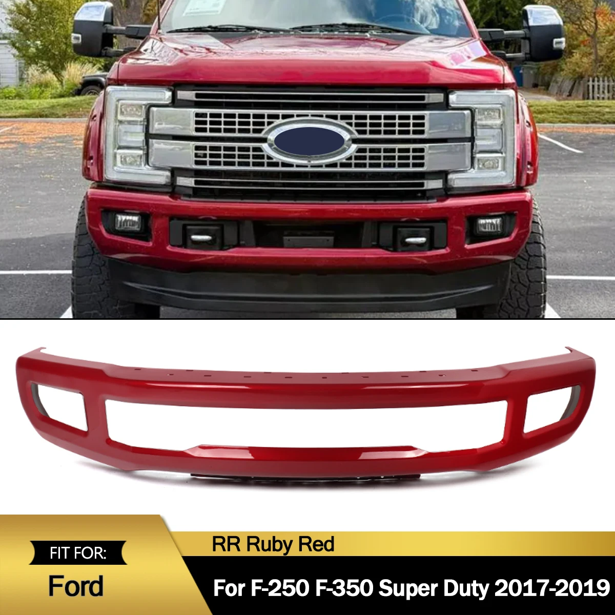 Magickit Front Bumper Face Guard Assembly Replace For Ford F250 F350 Super Duty 2017 2018 2019 with Fog Lights Hole Ruby Red RR