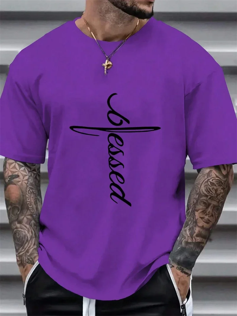 Men's Purple Blessed Cross Print T-Shirt Casual Crew-neck Short Sleeve Soft Fabric Religious Inspired Streetwear Tops