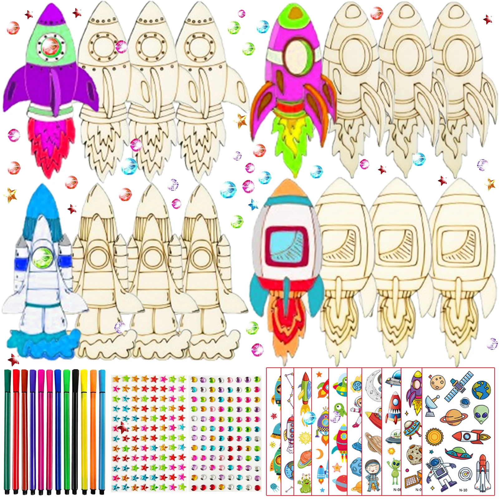 218 sets of rocket woodworking crafts, gift labels, birthday crafts, DIY crafts, rocket woodworking crafts sets, wooden crafts