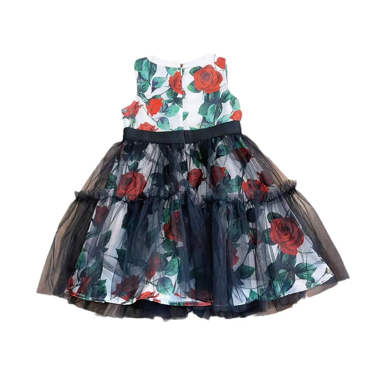 Girl's Rose Pattern Sleeveless Princess Dress Fake Two Black Lace Dresses Children's Birthday Present Party Holiday Gift Skirts