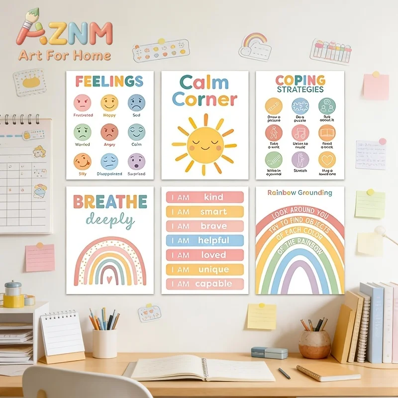 A Set of 6 Frameless Posters Suitable for Creating A Calming Corner, Mood Charts, and Psychology Classroom Teaching Posters