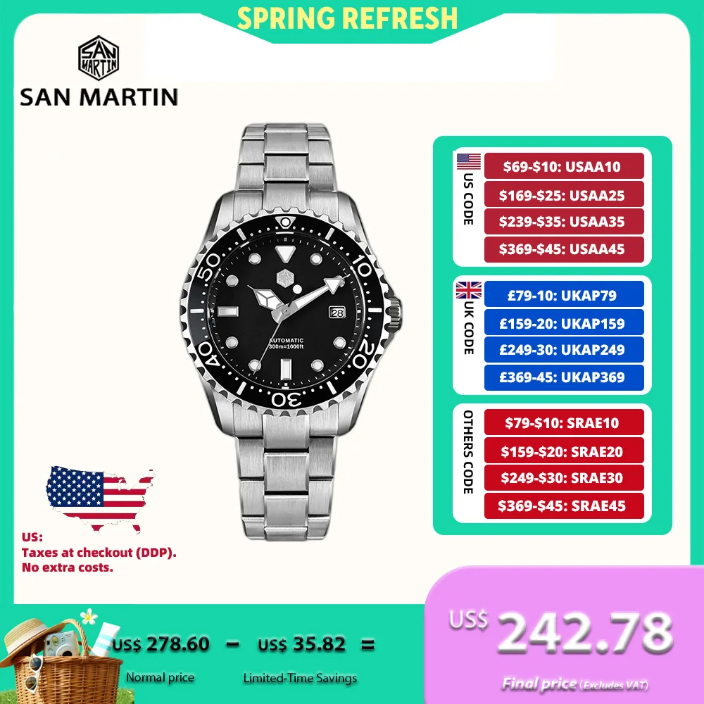 

San Martin 40mm Enamel Dial YN55 Men Diver's Automatic Mechanical Watch 3H Date BGW-X1 30Bar Waterproof Montre Homme SN0009D