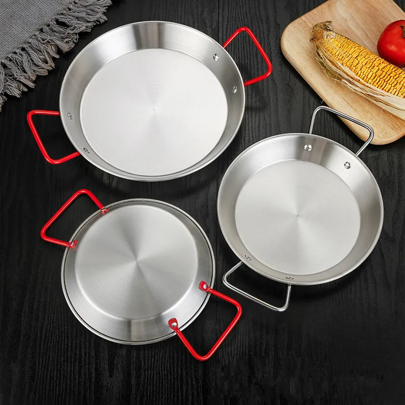 18-26cm Durable Stainless Steel Frying Pans with Double Ear Spanish Paella Saucepan Non-Stick Kitchen Cooking Pots Kitchenware