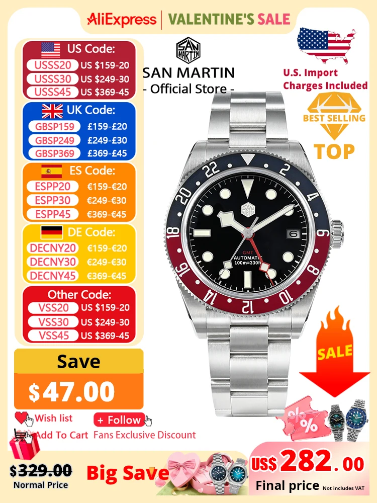 

San Martin 39 мм NH34 GMT Мужские роскошные часы Двунаправленный алюминиевый безель Автоматические механические сапфировые часы 100 м Водонепроницаемые SN0109