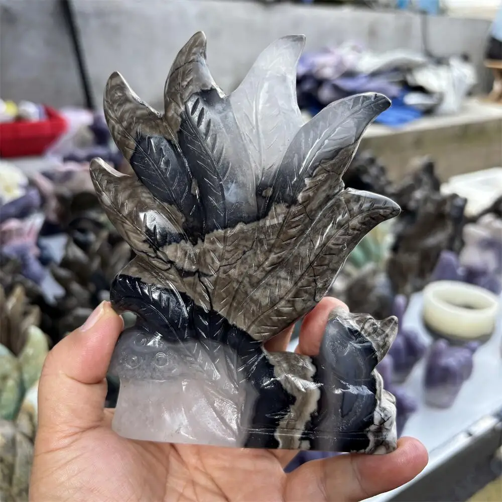 Natural volcanic rock agate Nine-Tailed Fox Buddha Carving Polished Reiki Fengshui High Quality Room Decor Energy Gift 1PCS