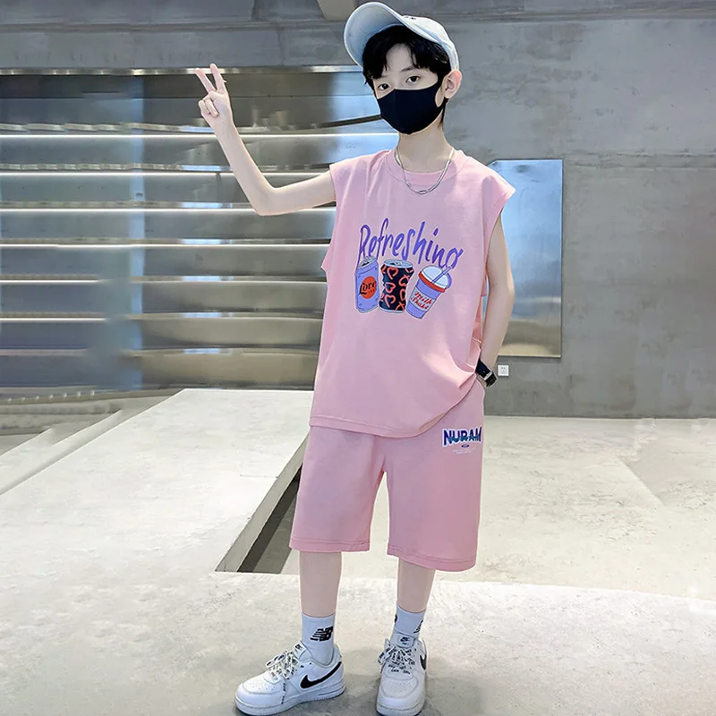 Boys Summer Cartoon Print Vest Suit 5-14 Years Stylish Letters Sleeveless T-Shirt & Shorts 2-Piece Set For Kids Casual Clothing