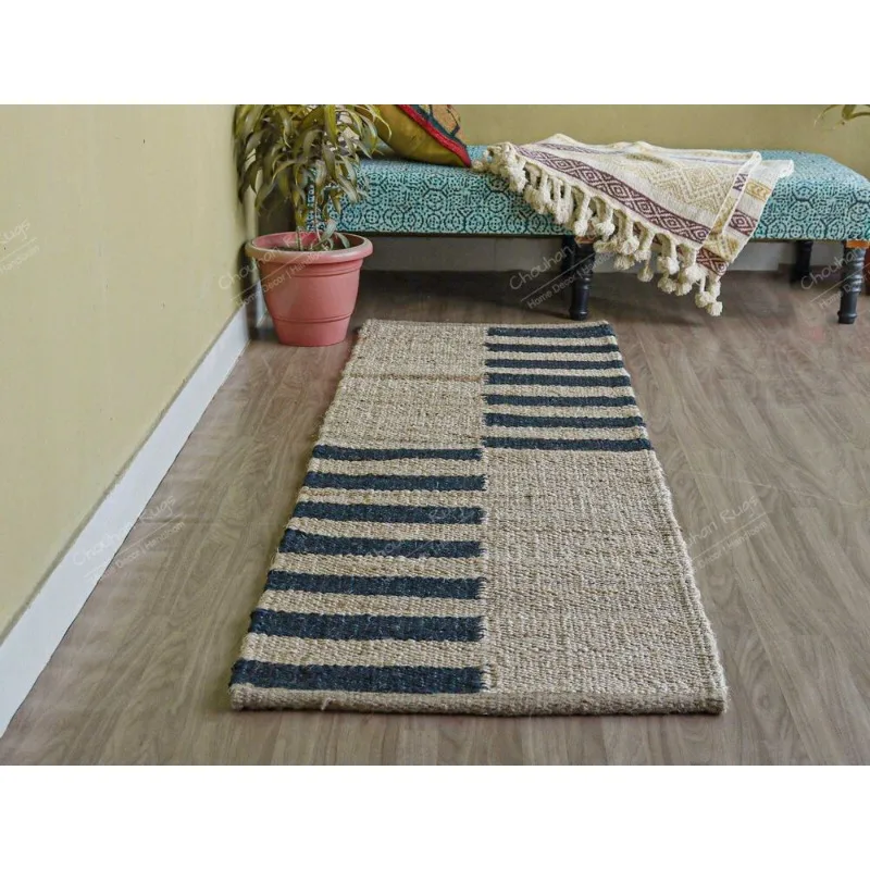 

Handmade Beige with Black Stripes Hemp Jute Rug/Runner Yoga Mat Throw Carpet