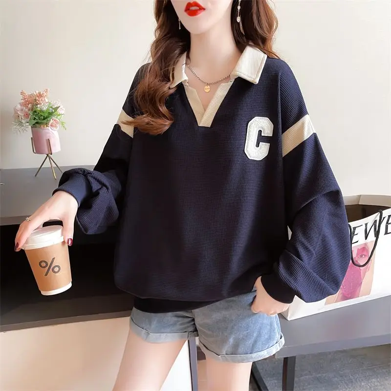 Autumn and Winter Women\'s Pullover Turn Down Collar Patchwork Embroidery Fashion Casual Elegant Commuter Long Sleeve Hoodies