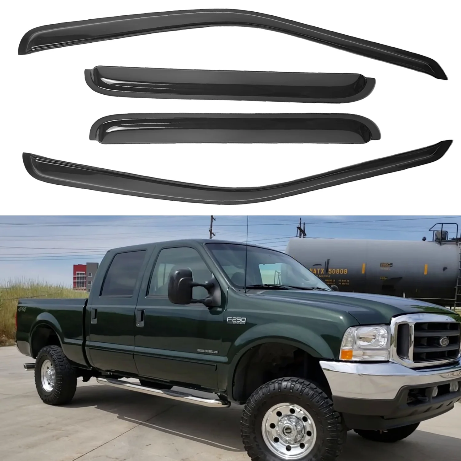 

For Ford F-250 Crew Cab 1999-2016 Tinted External Weather Deflectors 4pcs Set Window Visors No Drain Grooves 1.5MM Thick Boxed