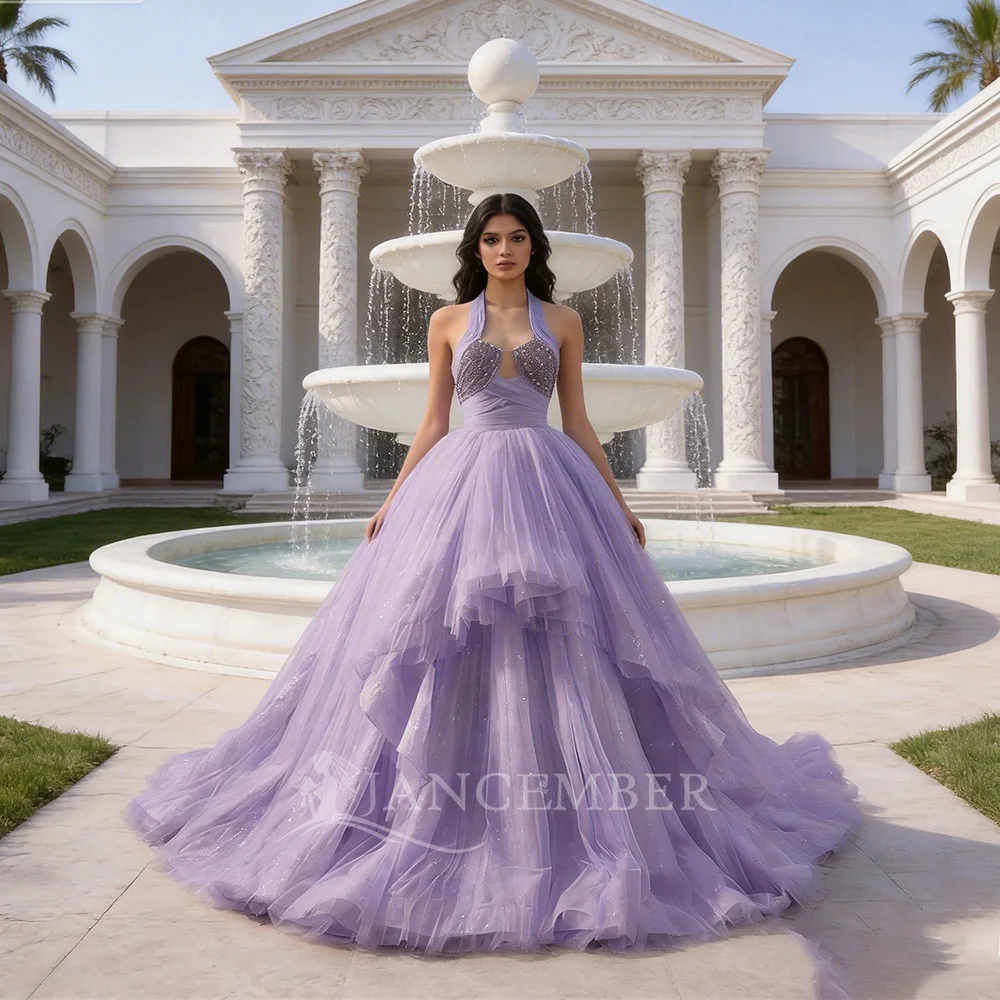 Promotion Novelty Long Evening Bridesmaid Dress Organza Floor-Length Sequins Halter Lace Up robes de soirée RSM231111