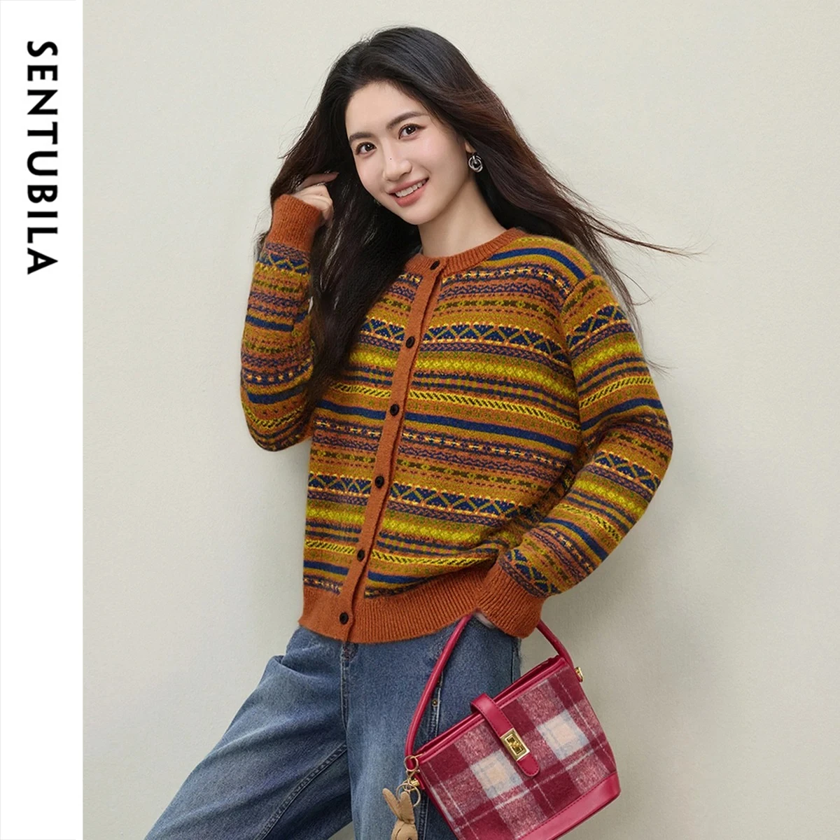 SENTUBILA Casual Fair Isle Cardigan for Women Round Neck Jacquard Knit Sweater Cardigans 2026 Winter Female Clothing W54EB5740