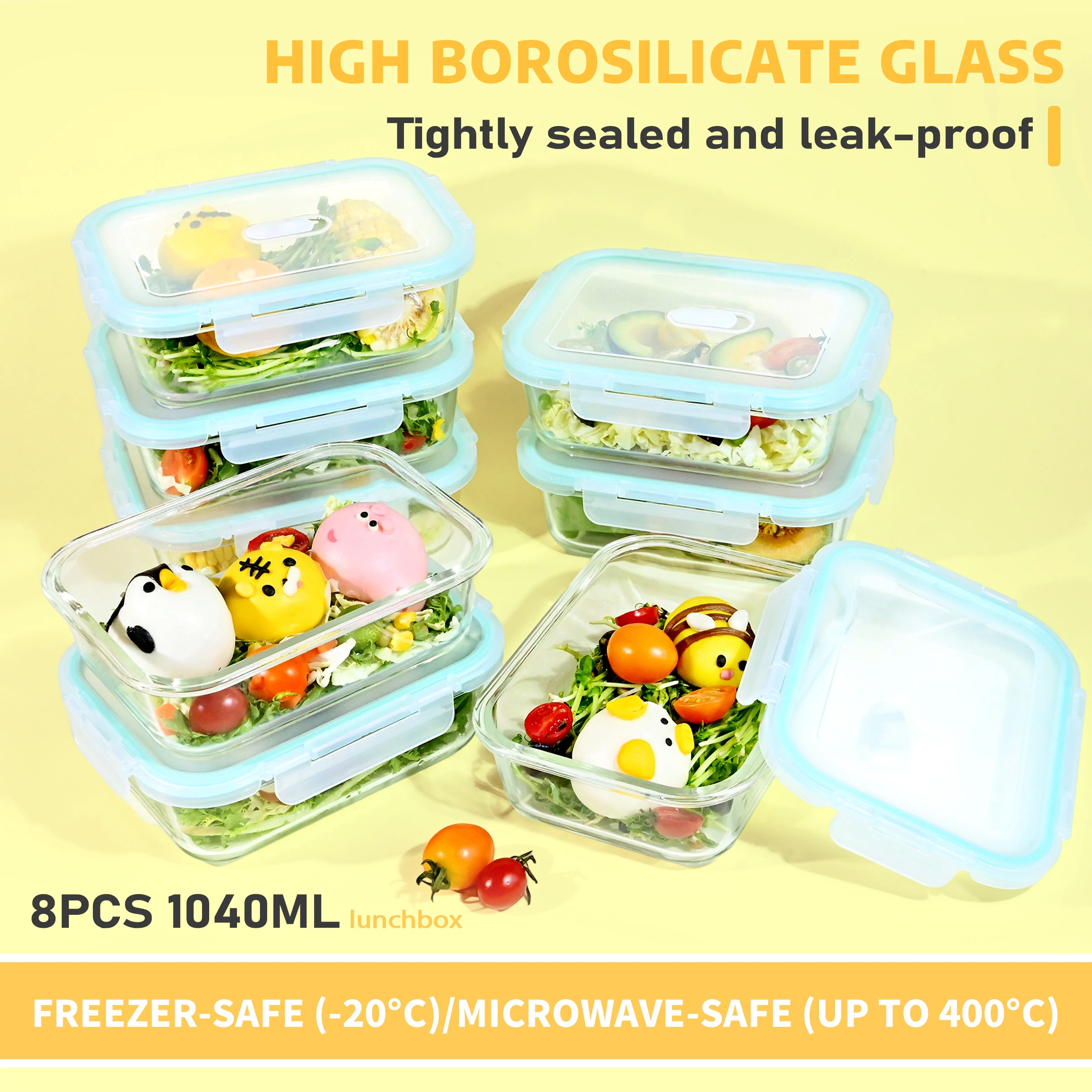 Contenedor de vidrio para almacenamiento de alimentos de 1040ML, hermético y a prueba de fugas, apto para microondas y congelador, adecuado para preparación de comidas y almacenamiento Bento