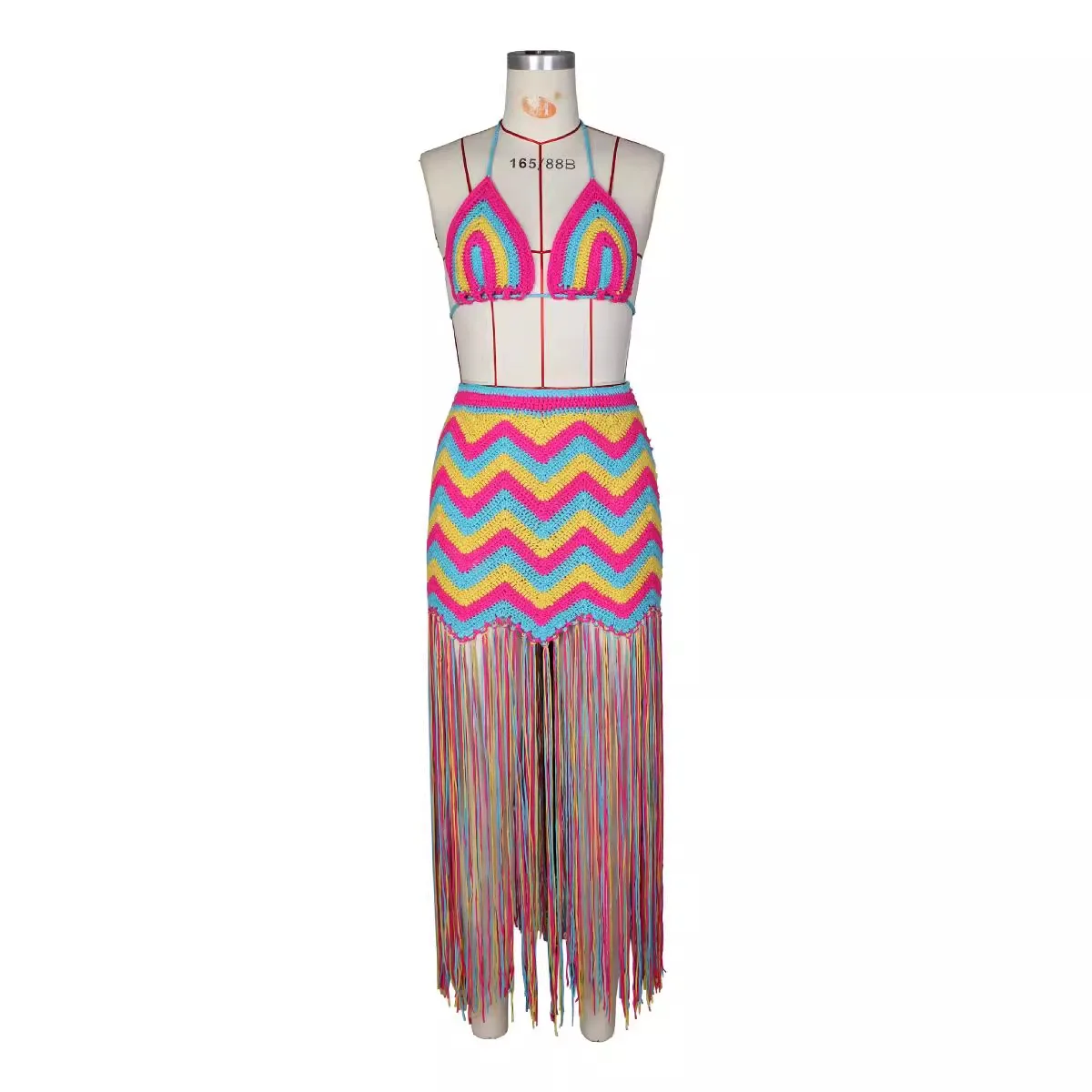 Women Rainbow Crochet Dress Sets Triangle Top Fringe Long Beach Skirt Swimwear Cover Ups 2 Piece Sets Womens Outfits