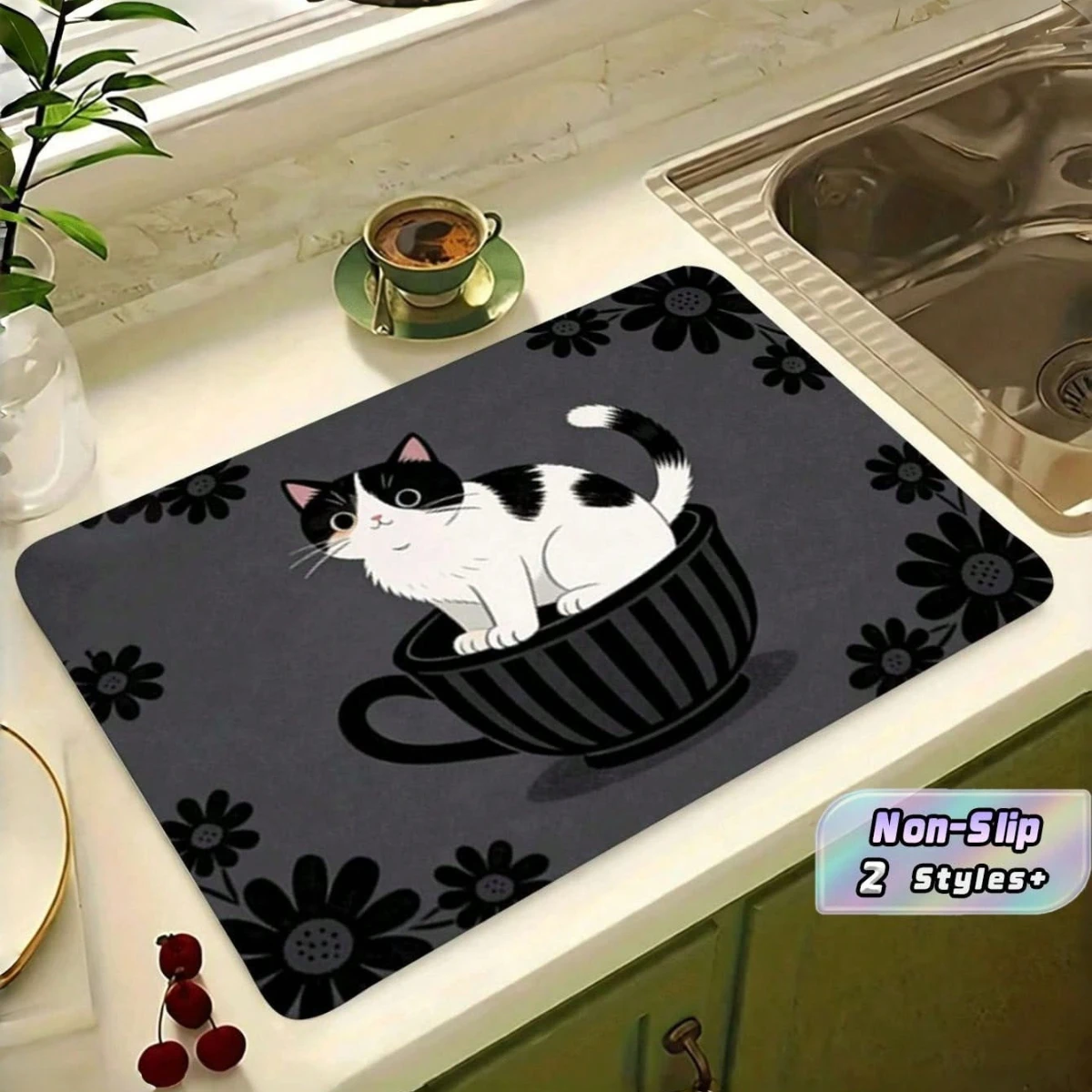 Kitchen Dish Mat Tuxedo Cow Cat in Mug Printed Absorbent Pad Dark Charcoal Backdrop Black Daisy Flowers for Countertop Sink