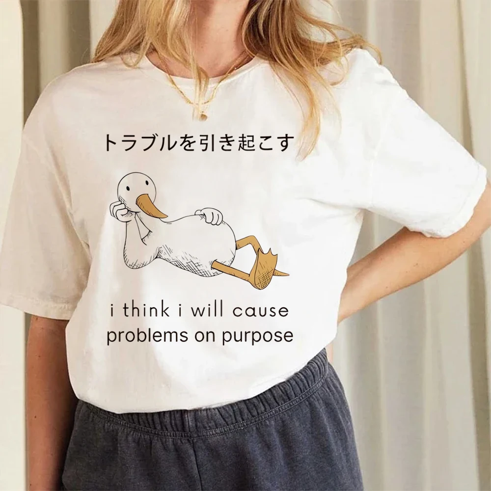 

Trouble Goose Graphic T-Shirt Cause Problems Funny T-Shirt Women's Short Sleeve Trendy Basic Style Top Casual Women's T-Shirt