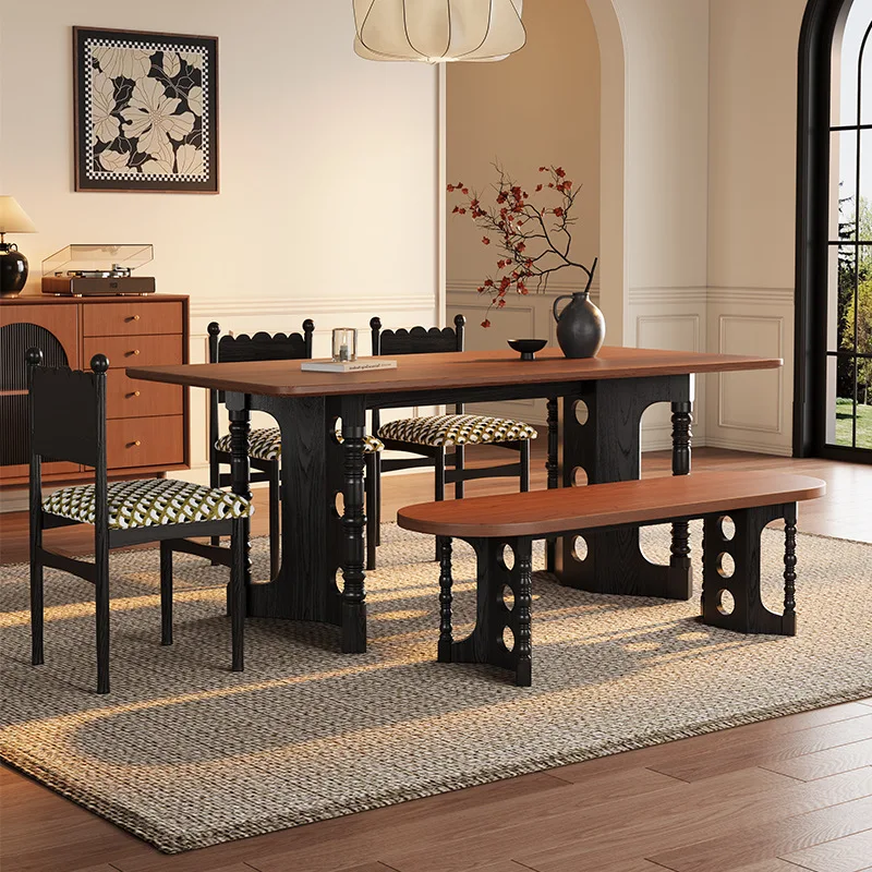 French retro solid wood dining table 2025 new rectangular family