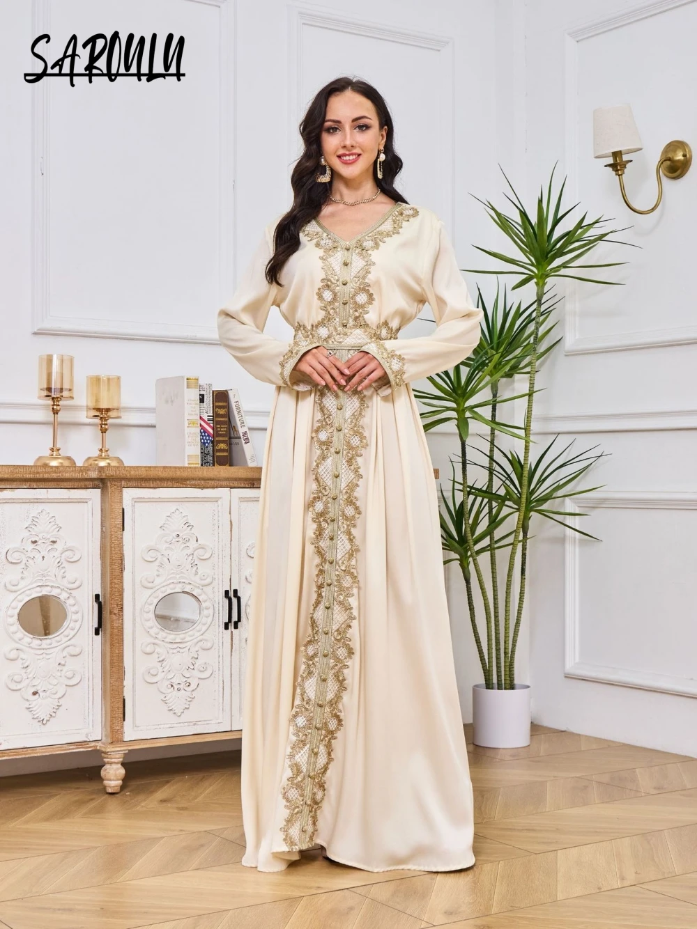 Elegant Apricot Embroidery Evening Dress Formal Occasions Women Muslim A-line Prom Gown Customized Fashion Birthday Arabic Robe